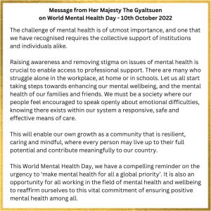 Message from Her Majesty The Gyaltsuen on World Mental Health Day- 10th October 2022