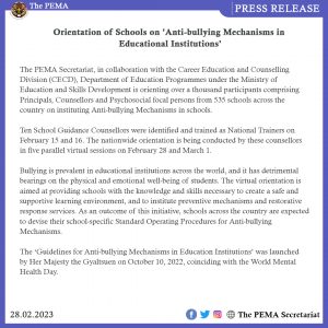 Press Release on Orientation of Schools on ‘Anti-bullying Mechanisms in Educational Institutions’