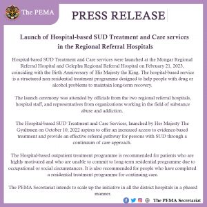 Press Release on Launch of Hospital-based SUD Treatment and Care services in the Regional Referral Hospitals