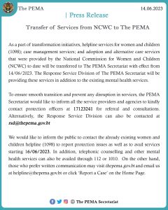 Press Release on Transfer of Services from NCWC to The PEMA